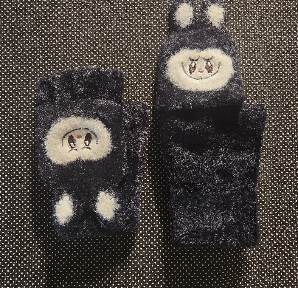Cute Black Fuzzy Fingerless Labu Inspired Gloves with White Character Detail